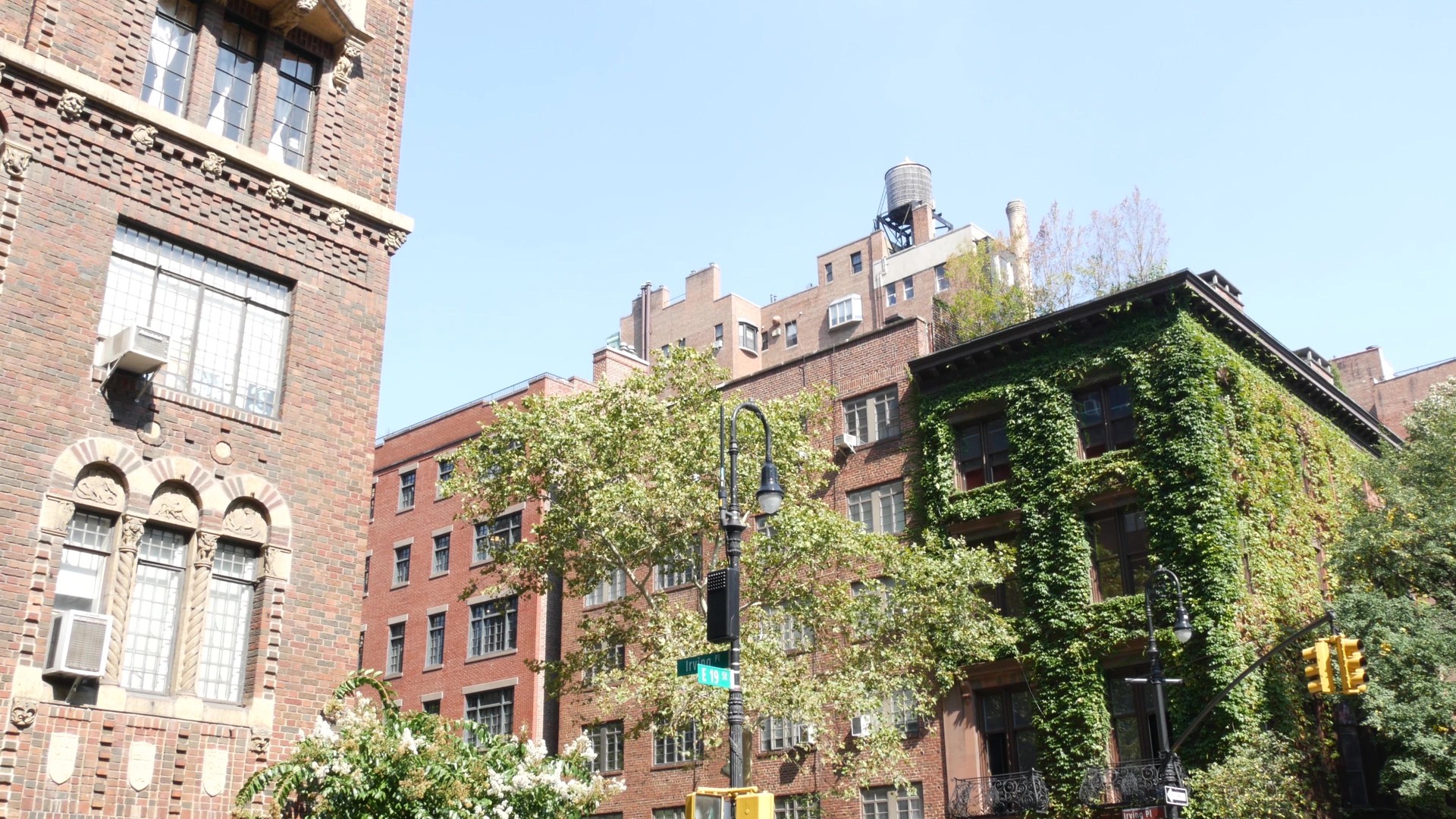 New York City building architecture. Residential house exterior. Real estate in USA. Brick facade.